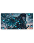 Anime mouse pad featuring Demon Slayer art with stormy skies and glowing butterflies, size 32x16 inches.
