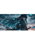 Anime desk pad featuring Demon Slayer character with teal and midnight hair, glowing butterflies, 36x16 inches.