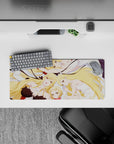 28x12 inches mouse pad in creamy whites and pale blues with warm golden hair, cozy soft vibe.