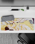 32x12 inches pastel mouse pad in creamy whites and pale blues with warm golden hair, soft cozy vibe.