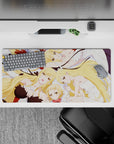 32x16 inches anime mouse pad in creamy white and pale blue with warm golden hair, soft cozy vibe.