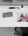 14x10 inches anime mouse pad in navy, white, pink, and crimson with airy dramatic petals and confetti.