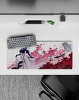 28x12 inches anime mouse pad in navy, white, and pink tones with airy dramatic blossom storm vibe.