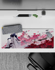 32x12 inches anime girl mouse pad in navy, white, pink and crimson, airy yet dramatic floral mood.