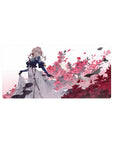 32x16 inches anime girl mouse pad with blonde in navy coat and white dress, floral burst backdrop.