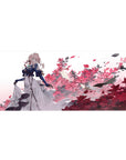 Anime girl desk pad 36x16 inches with blonde in navy coat, white dress, and pink blossom backdrop.