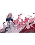 Anime girl desk pad 40x20 inches with blonde in navy coat, white dress, and blooming pink blossoms.