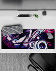 32x12 inches desk mouse pad in neon magenta-violet chaos with sharp lines, glossy whites, moody cute vibe.