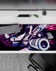 36x16 inches anime desk pad in magenta, violet, teal and black, neon chaos mood with sharp speed-streaks.