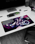 32x16 inches anime girl mouse pad featuring a fierce twin-tailed girl lunging with a glossy white cannon.