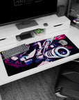 36x16 inches anime girl desk pad showing a fearless twin-tailed fighter lunging with a glossy white cannon.