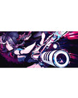 36x16 inches anime girl desk pad with twin tails, teal-black outfit, and oversized cannon on neon backdrop.