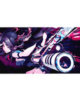 40x20 inches anime girl desk pad with twin tails, teal-black outfit, and oversized cannon in neon action.