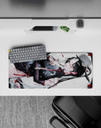 28x12 inches desk mouse pad in white, black, and candy-red accents; soft dramatic anime aesthetic.