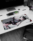 32x16 inches anime girl mouse pad showing a black-haired girl lounging sideways in a sheer black qipao and gloves.