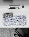 28x12 inches white mouse pad with crisp navy line art, cute sleepy chibi mood, smooth glide.