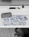 32x12 inches white mouse pad with navy-blue line art, sleepy kawaii chibi vibes, smooth glide.