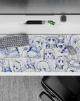 36x16 inches white desk pad with navy-blue line art, playful sleepy vibe, smooth gaming glide.