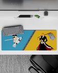 Intense 32x12 mouse pad with Ichigo and Grimmjow in a sleek, minimalist battle, bringing their rivalry to life with bold colors and dynamic contrast