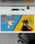 Epic 32x16 mouse pad with Ichigo and Grimmjow in a minimalist battle, utilizing bold colors and dynamic contrast for an intense workspace aesthetic