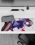 32x12 inches anime girl mouse pad in navy, violet hair, black tights, with red tie and confetti accents.