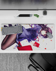 Violet-haired schoolgirl desk mat 32x16 inches in navy and red accents, playful confetti vibe.