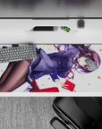 Violet hair waves and bold red accents on a 36x16 inches anime desk pad, clean white and playful vibe.