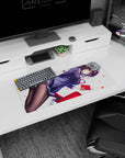 28x12 inches anime girl mouse pad showing a schoolgirl drifting on a white background, violet hair sweeping.