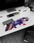 32x12 inches anime girl mouse pad showing a confident schoolgirl swirling violet hair, holding a red notebook.