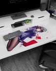 Confident anime schoolgirl drifting across white, hair whipping violet, on 32x16 inches mouse pad.