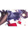Anime girl desk pad 40x20 inches with schoolgirl in navy uniform, red tie, confetti on white background.