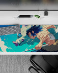 Inosuke Hashibira desk pad 36x16 inches from Demon Slayer, featuring dynamic action and vivid teal sky, perfect for fans.