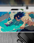 Inosuke Hashibira from Demon Slayer on a 40x20 inch anime desk pad, showcasing his iconic boar mask and dynamic pose.