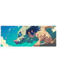 Inosuke Hashibira from Demon Slayer charges forward on a 32x12 inch mouse pad, featuring vivid colors and dynamic motion.