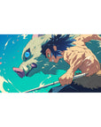 Inosuke Hashibira from Demon Slayer charges forward on a 40x20 inch anime desk pad, vivid teal sky in the background.
