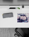 Dreamy pastel anime mouse pad 14x10 inches in lavender, pink blossoms, teal-rose accents, cozy vibe.