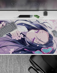 Soft spring pastel anime desk pad 40x20 inches in lavender, pink blossoms, teal accents, dreamy vibe.