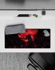 Mouse pad featuring Itachi Uchiha from Naruto against a blood-red moon and crows, size 28x12 inches.