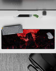 Anime mouse pad 32x12 inches featuring Itachi Uchiha from Naruto, set against a blood-red moon and a sky full of crows.
