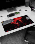 Anime mouse pad 32x16 inches featuring Itachi Uchiha from Naruto, highlighted by a blood-red moon and crows.
