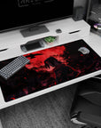 Anime desk pad 40x20 inches featuring Itachi Uchiha from Naruto with a blood-red moon, crows, and crimson glow.