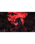 Anime mouse pad 40x20 inches featuring Itachi Uchiha from Naruto with a blood-red moon and crows in the background.