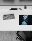 Midnight blue icy white anime mouse pad 14x10 inches, cool calm vibe with neon frost glow.