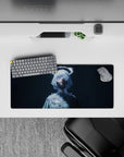 Cool midnight anime girl mouse pad 28x12 inches in icy whites and soft blues, dreamy neon-frost glow.