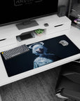 36x16 inches anime girl mouse pad showing masked girl in high-neck icy outfit with glassy shine.