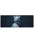 32x12 inches anime girl mouse pad with silver bob, crystal lace mask, and neon halo on icy outfit.