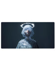 Anime girl mouse pad 32x16 inches with silver bob, crystal lace mask, neon halo, and icy white outfit.