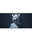 Anime girl desk pad 36x16 inches with silver bob, crystal lace mask, and glowing halo ring.