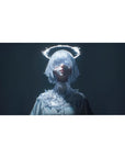 Anime girl desk pad 40x20 inches with silver bob, crystal lace mask, neon halo, icy white outfit.