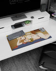 28x12 inches anime mouse pad showing a blond girl lounging on a bed, peace sign, choker and bracelet.